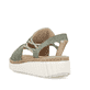 Grüne Rieker Keilsandaletten 69262-52 mit modischen Raffungen sowie Gummizug. Schuh von hinten.