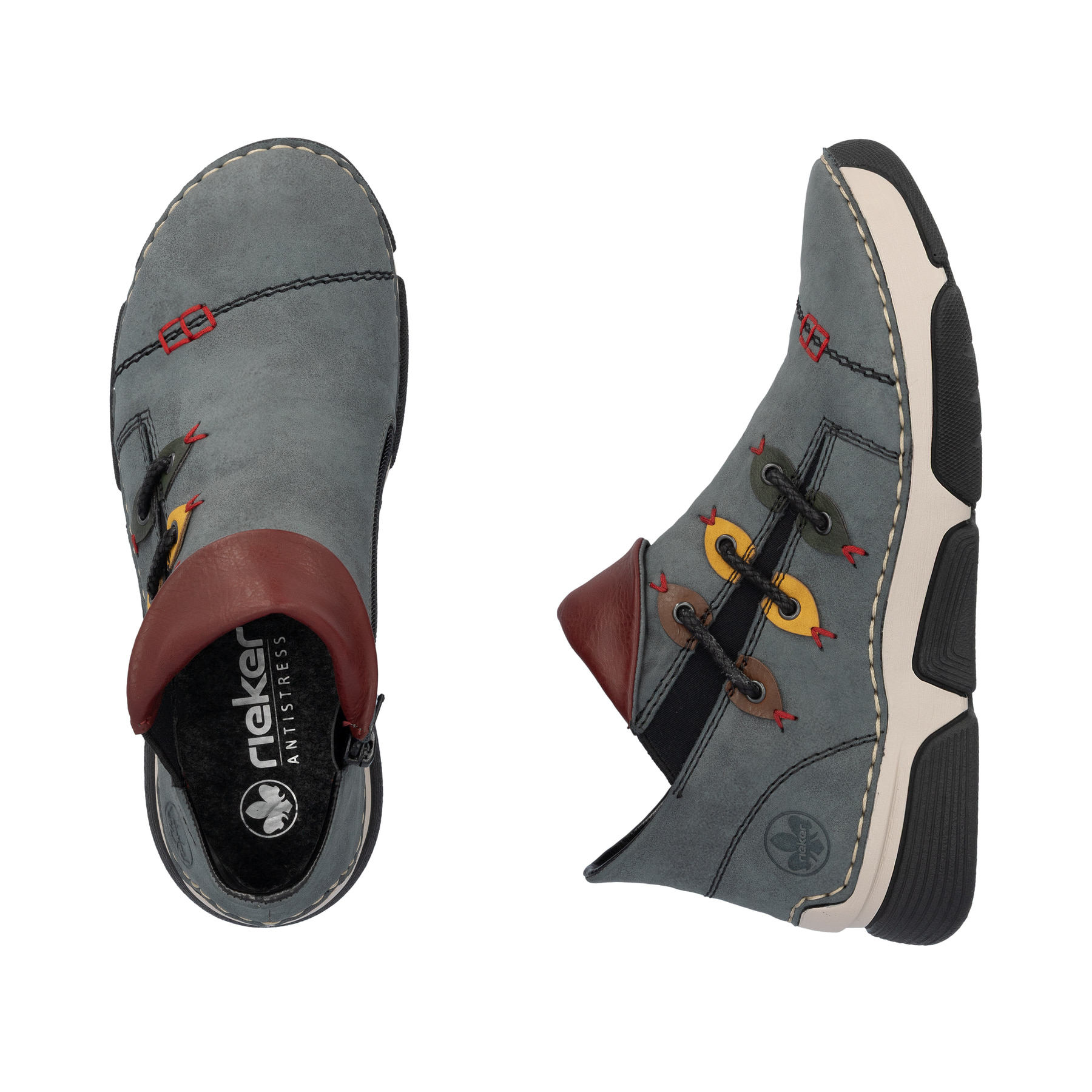Jeansblaue Rieker Damen Kurzstiefel 45983-14 mit farbenfrohen Details. Schuh von oben, liegend.