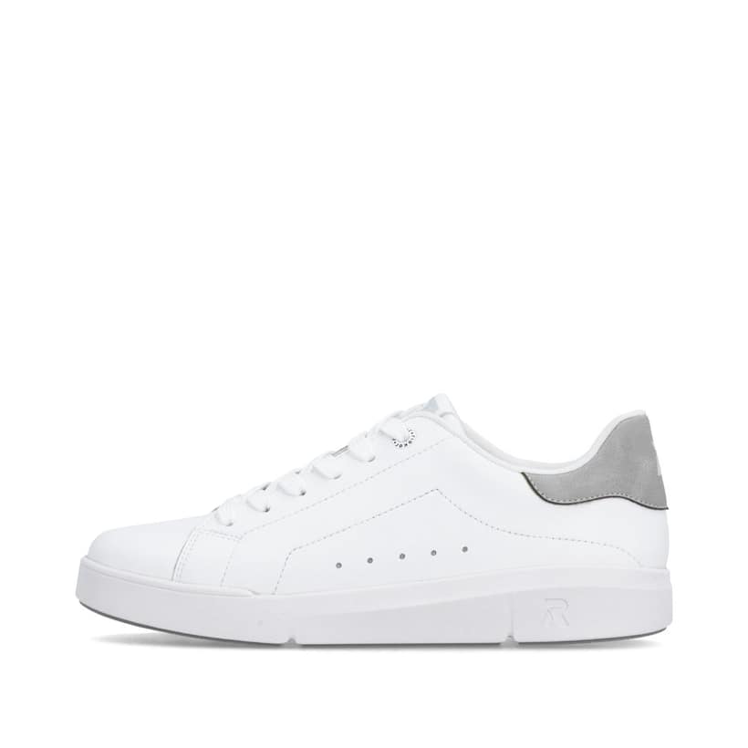 Baskets basses Rieker blanches pour femme 41902-80 avec lacets. Côté extérieur de la chaussure.