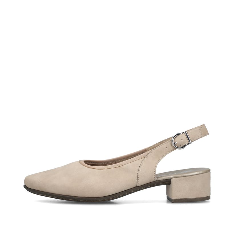 Beige Rieker Slingpumps 47060-62 mit Schnalle sowie einer leichten Sohle. Schuh Außenseite.