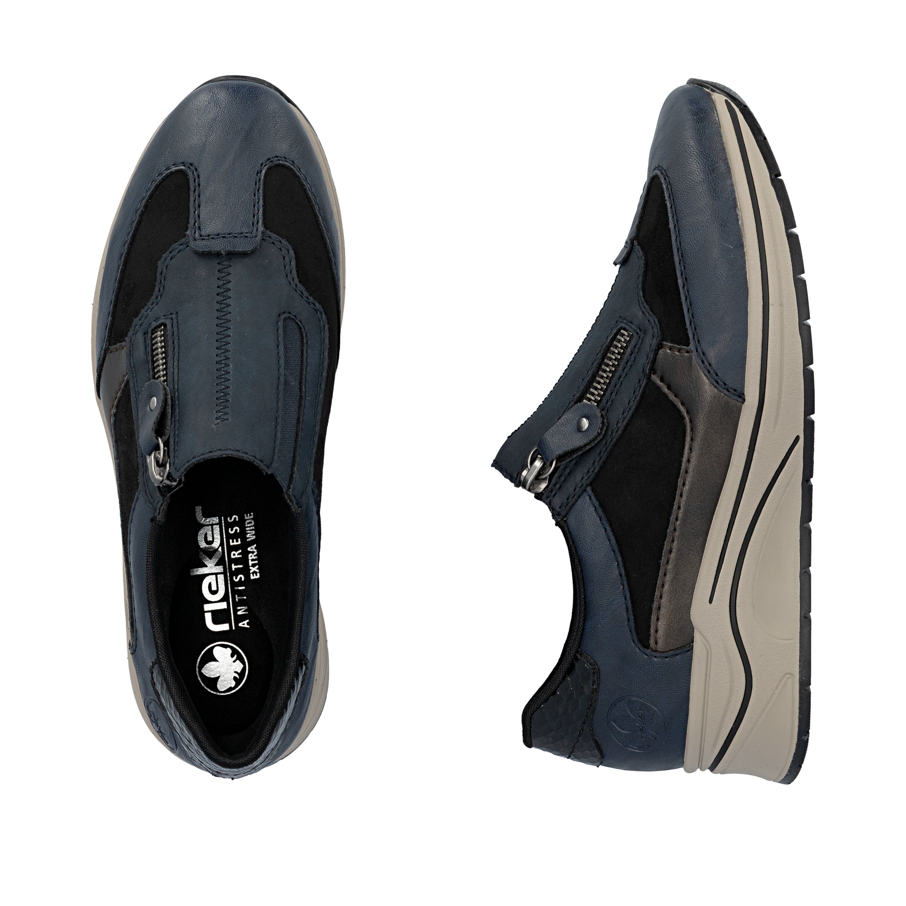 Mocassins Rieker bleus pour femme N9552-14 avec fermeture éclair. Chaussure vue de dessus, couchée.