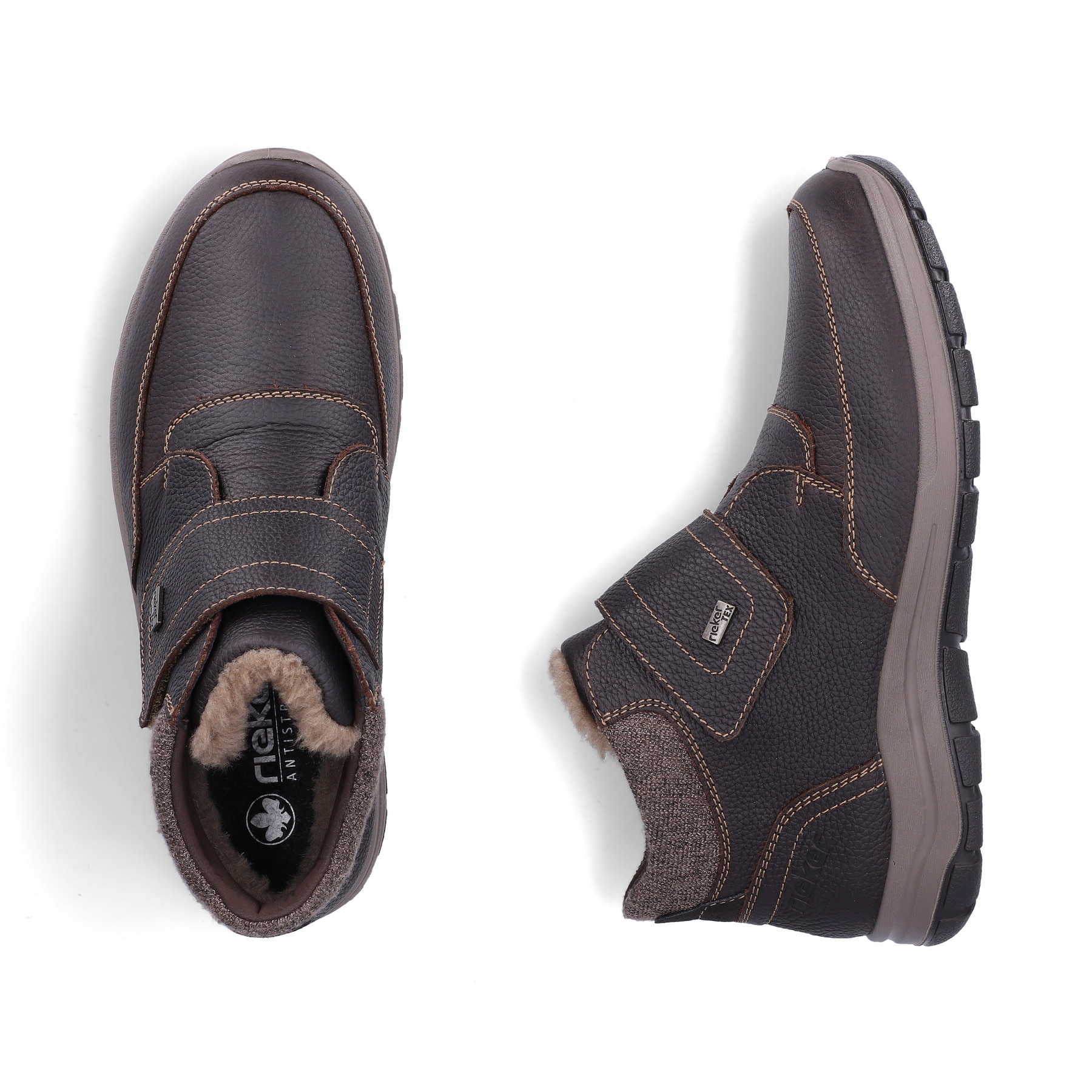 Dunkelbraune Rieker Herren Kurzstiefel 03680-25 aus Glattleder. Schuh von oben, liegend.