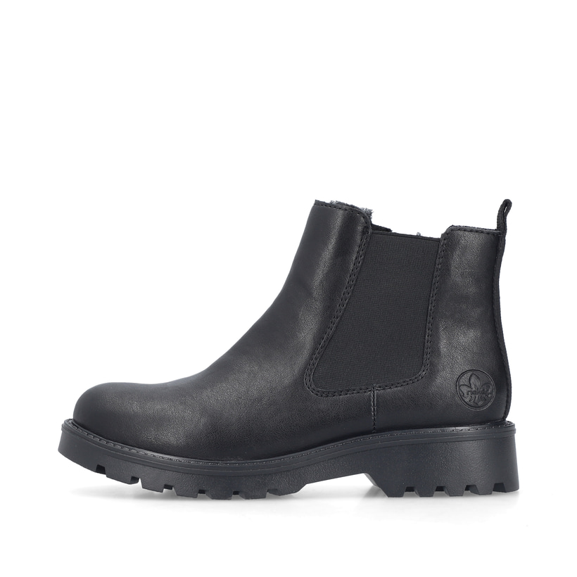 Schwarze Rieker Damen Chelsea Boots 73250-01 mit einem Reißverschluss. Schuh Außenseite.