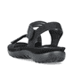 Schwarze vegane Rieker Damen Trekkingsandalen 64870-00 mit einem Klettverschluss. Schuh von hinten.