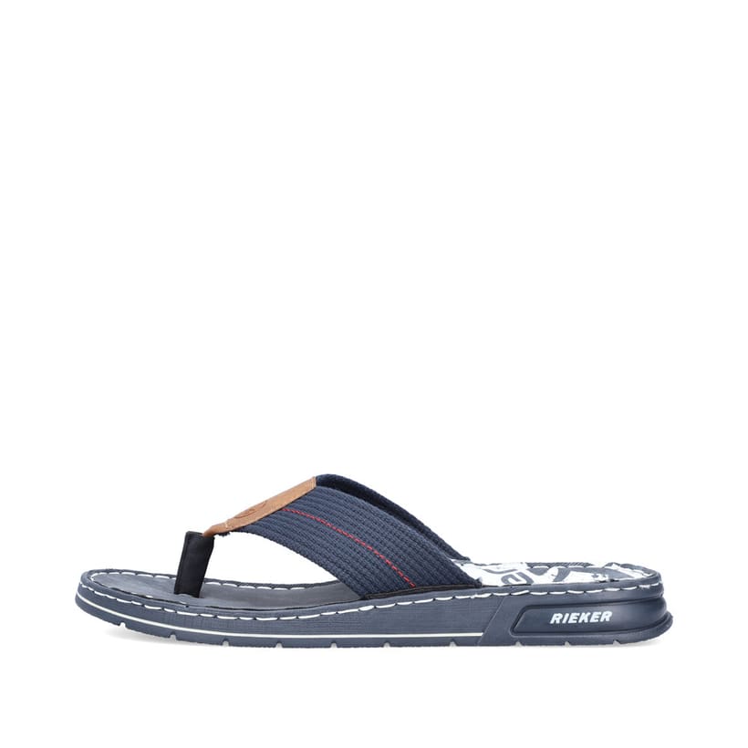 Marineblaue Rieker Herren Zehentrenner 21280-14 mit roter Sticknaht. Schuh Außenseite.