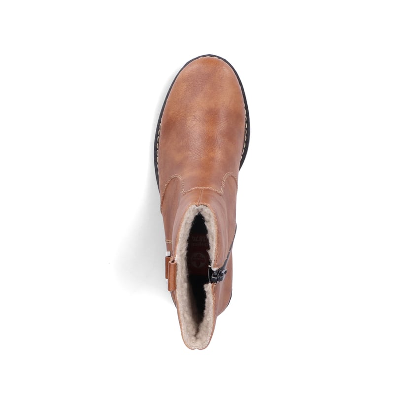 Fuchsbraune Rieker Damen Kurzstiefel Z6871-24 mit einem Reißverschluss. Schuh Laufsohle.