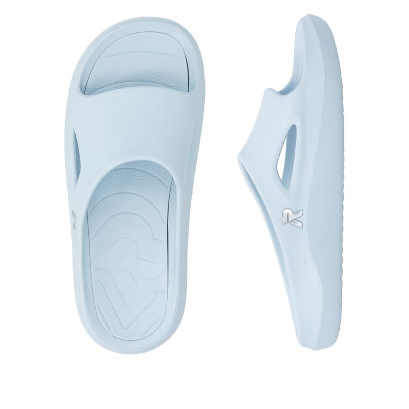 Blaue Rieker Damen Pantoletten W3450-11 mit flexibler und ultraleichter Sohle. Schuh von oben, liegend.