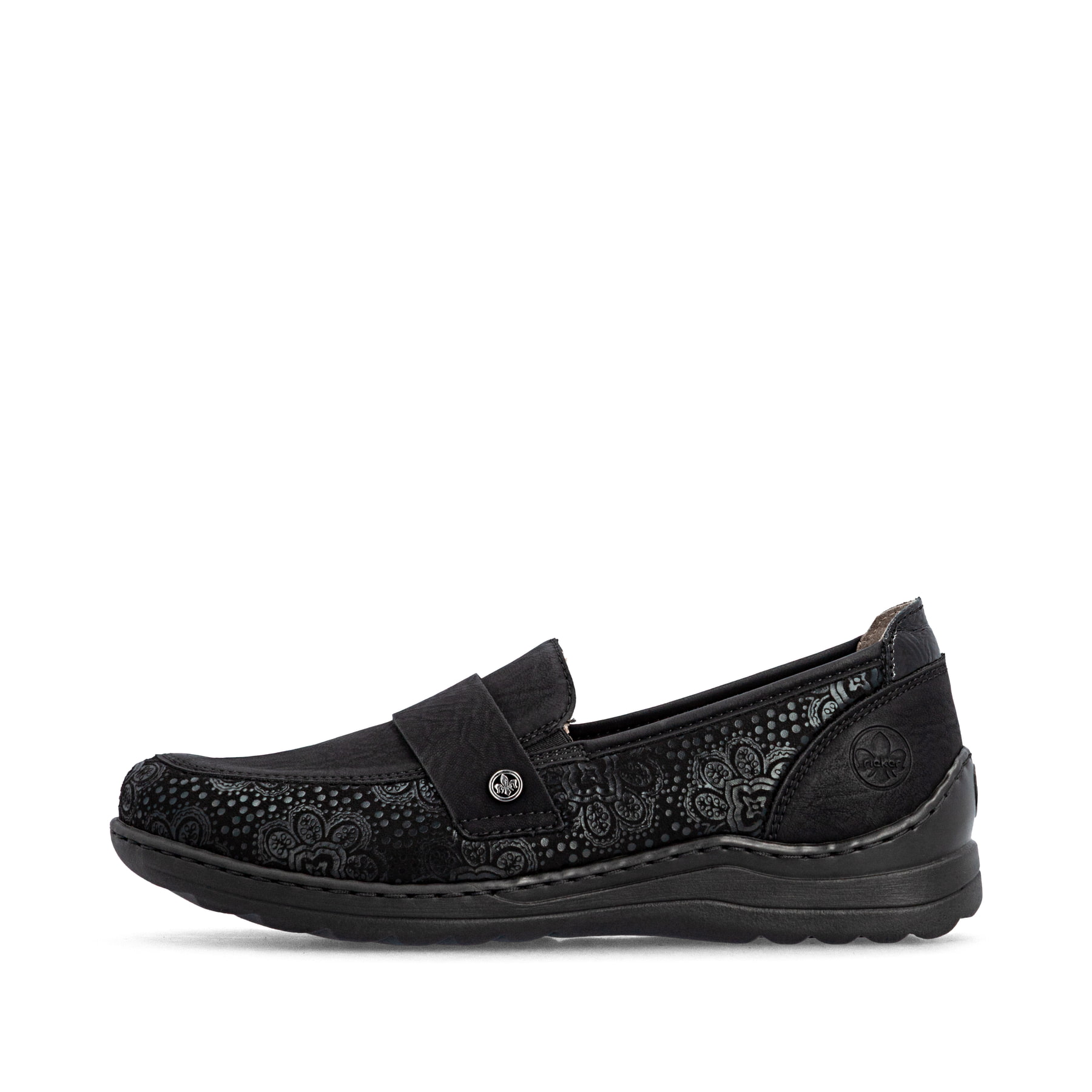 Mocassins Rieker noirs pour femmes 48968-00 avec bande élastique. Côté extérieur de la chaussure.
