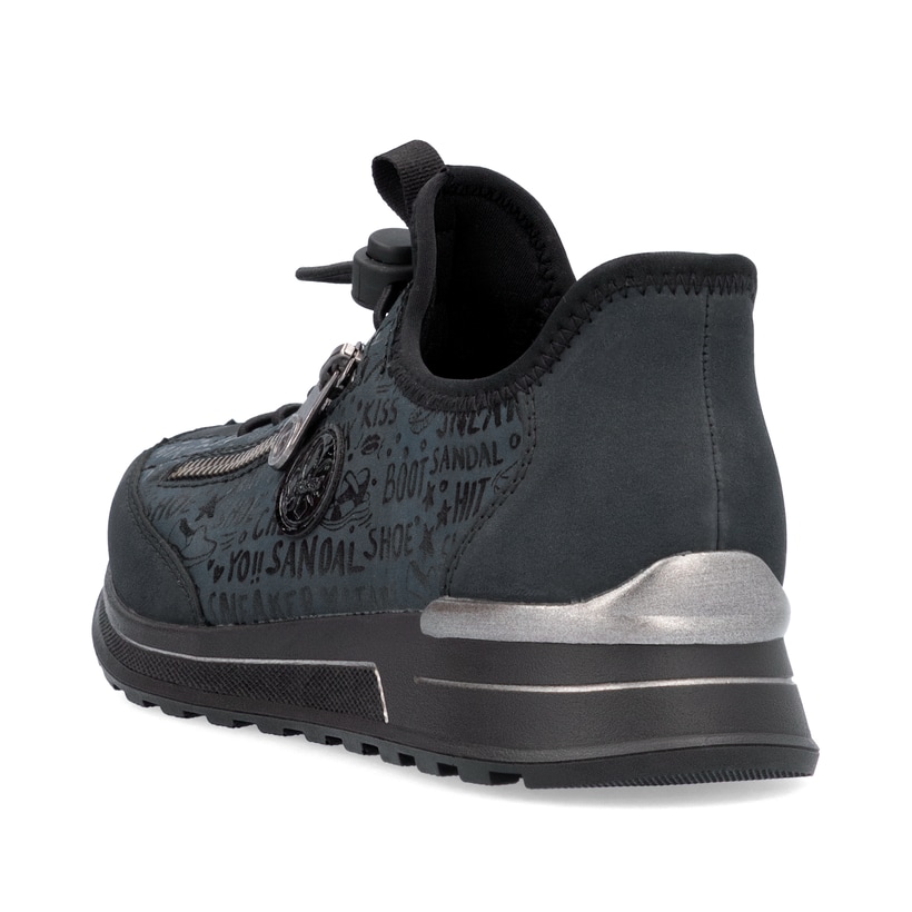 Petrolfarbene Rieker Damen Slipper N1455-14 mit easy Hineinschlüpf-Möglichkeit. Schuh von hinten.