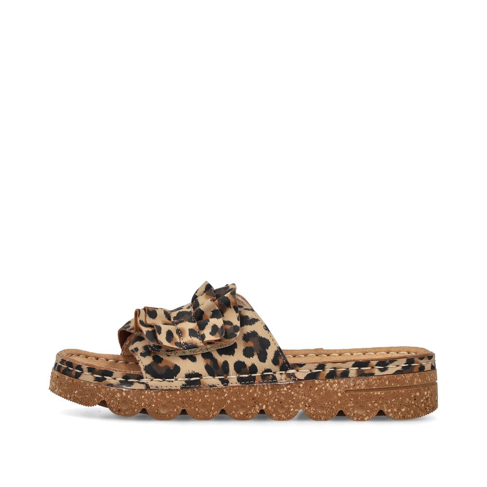 Braune Rieker Damen Pantoletten V8763-61 mit modischen Raffungen. Schuh Außenseite.