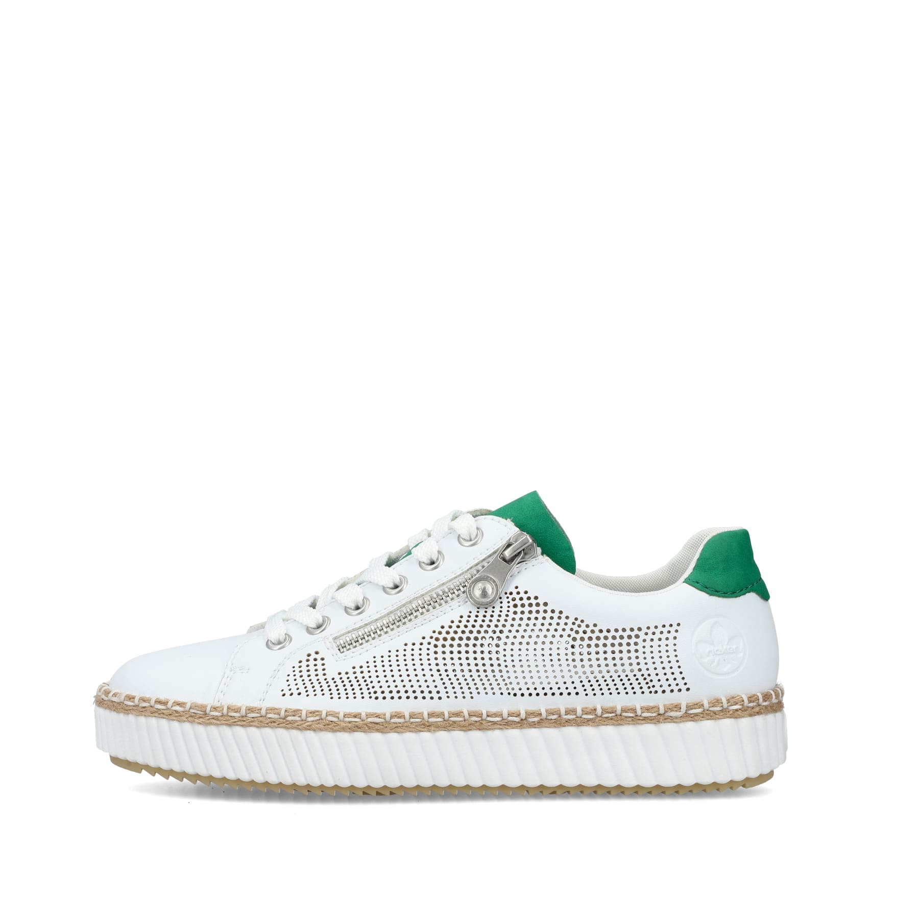 Weiße vegane Rieker Damen Sneaker Low M2945-80 mit einem Reißverschluss. Schuh Außenseite.