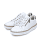 Weiße Rieker Damen Slipper M2940-80 mit einem Reißverschluss. Schuhpaar seitlich schräg.