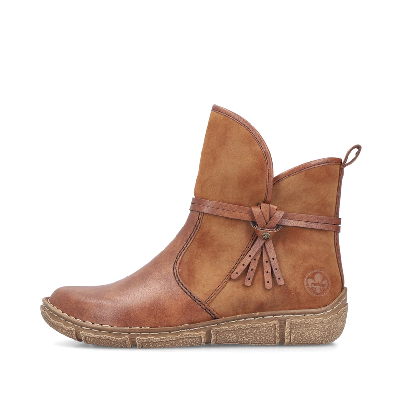 Zimtbraune Rieker Damen Kurzstiefel Z3772-22 mit einer schockabsorbierenden Sohle. Schuh Außenseite