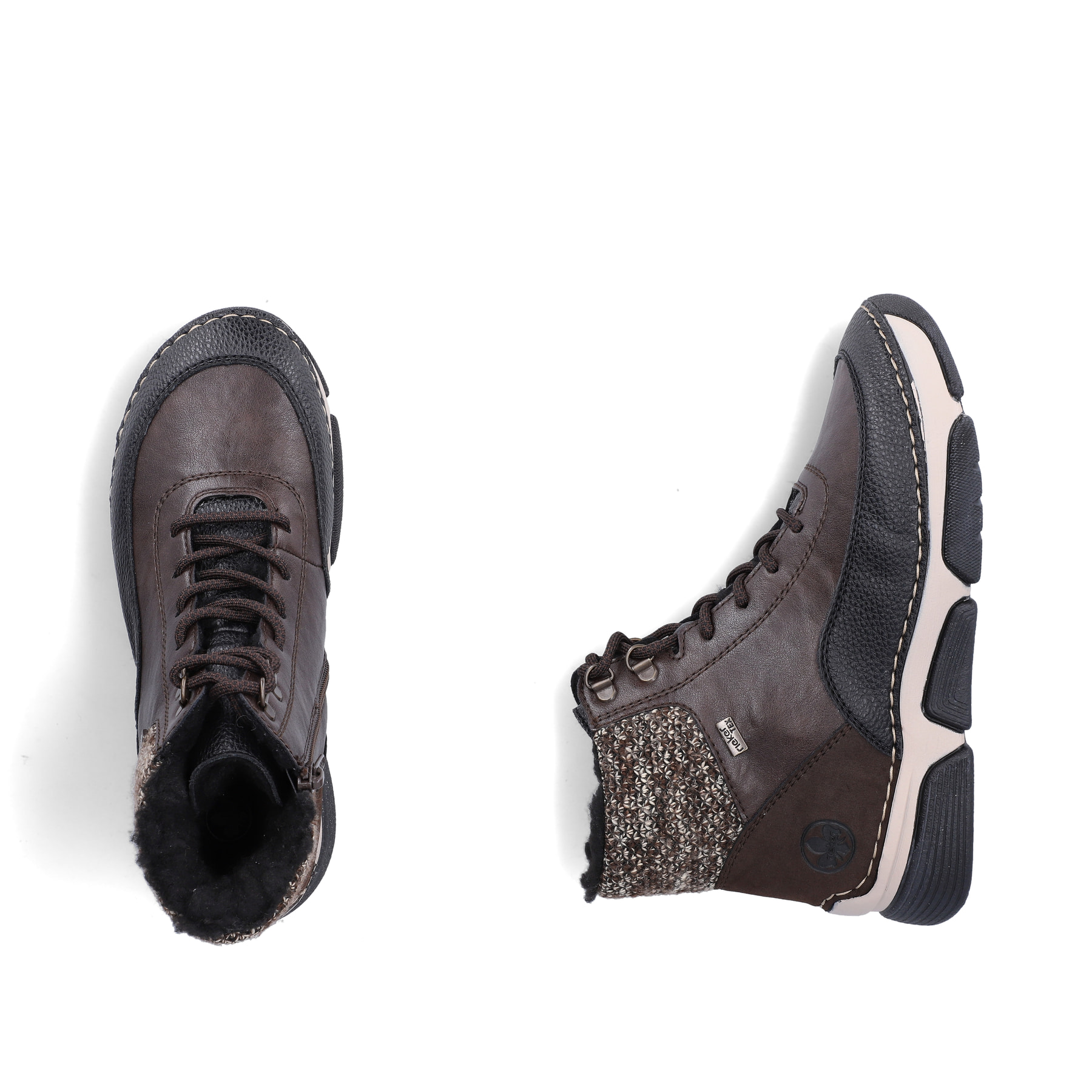 Dunkelbraun-beige Rieker Damen Schnürstiefel 45956-25 mit Strick-Kragen. Schuh von oben, liegend.