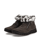 Dunkelbraune Rieker Damen Kurzstiefel 57551-25 mit weichem Kragen. Schuhpaar seitlich schräg.