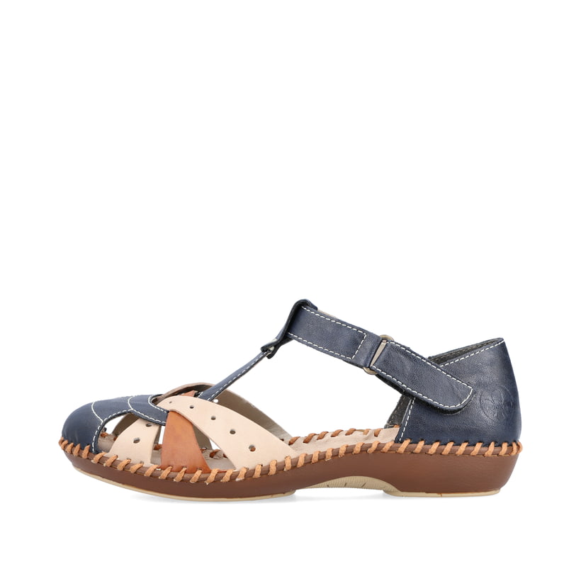 Blaue Rieker Damen Riemchensandalen M1655-14, Barfußschuhe mit Klettverschluss. Schuh Außenseite.
