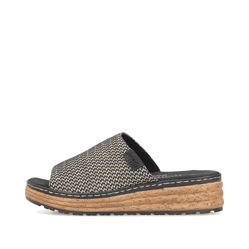 Mehrfarbige Rieker Damen Pantoletten 62768-90 mit der Extraweite H. Schuh Außenseite.
