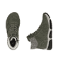 Khaki-schwarze Rieker Damen Schnürstiefel 45955-54 mit Strick-Kragen. Schuh von oben, liegend.