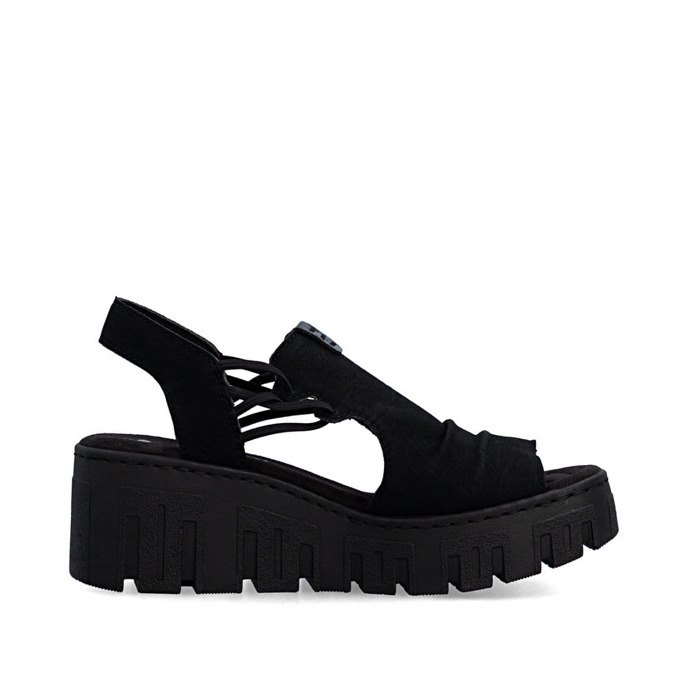 Schwarze Rieker Damen Sandalen 68075-00 mit einem Gummizug. Schuh Innenseite.