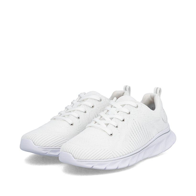 Weiße vegane Rieker Damen Sneaker Low 54022-81 mit einer Schnürung. Schuhpaar seitlich schräg.
