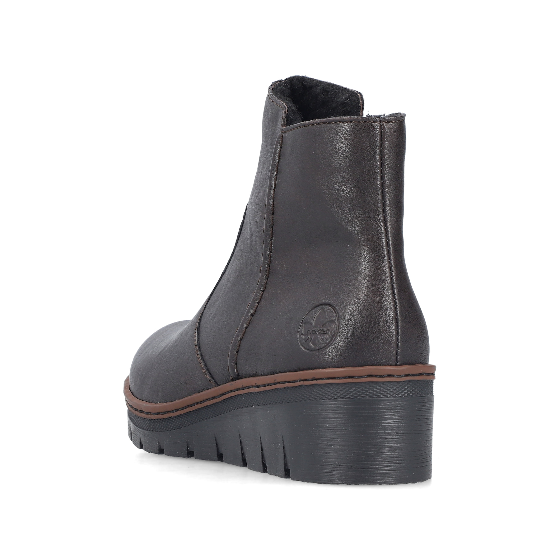 Dunkelbraune Rieker Damen Kurzstiefel X9165-25 mit einem Reißverschluss. Schuh von hinten.