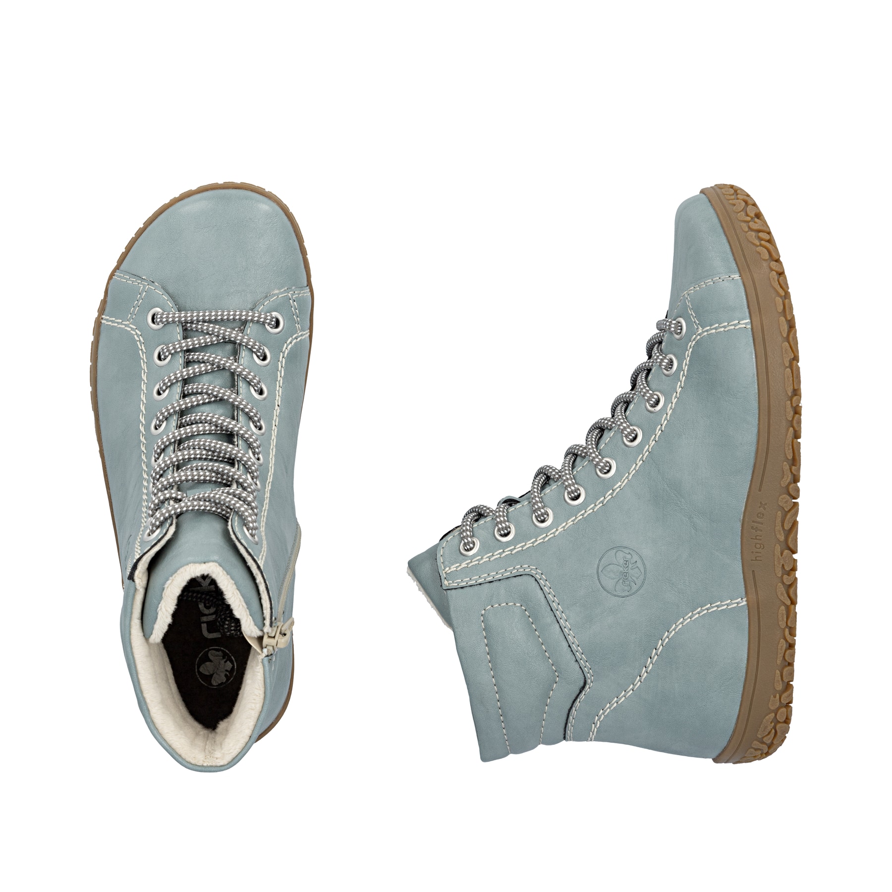 Bottes à lacets Rieker vertes pour femmes 52304-52 avec fermeture éclair. Chaussure vue de dessus, couchée.