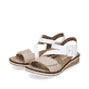 Beige Rieker Keilsandaletten V3660-60 mit trendigen Schnalle. Schuhpaar seitlich schräg.