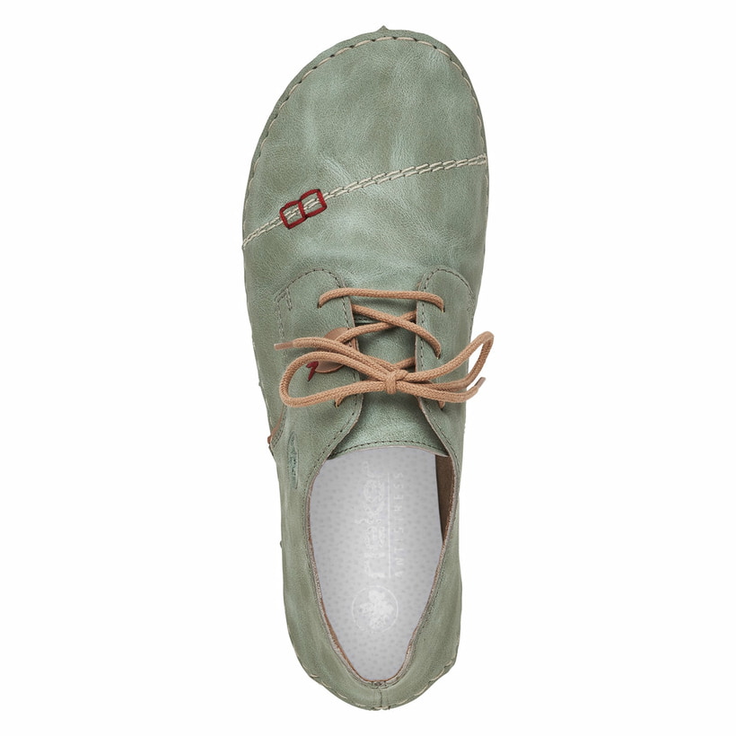 Grüne Rieker Damen Schnürschuhe 52528-52 mit einer extra weichen Decksohle. Schuh von oben.