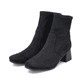 
Tiefschwarze Rieker Damen Stiefeletten 70971-00 mit Reißverschluss sowie Blockabsatz. Schuhpaar schräg.