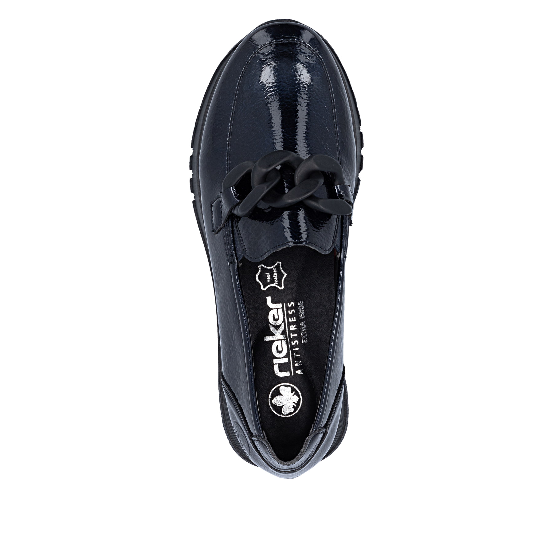 Dunkelblaue Rieker Damen Loafer 49051-14 mit Deko-Kette sowie einem Gummizug. Schuh von oben.