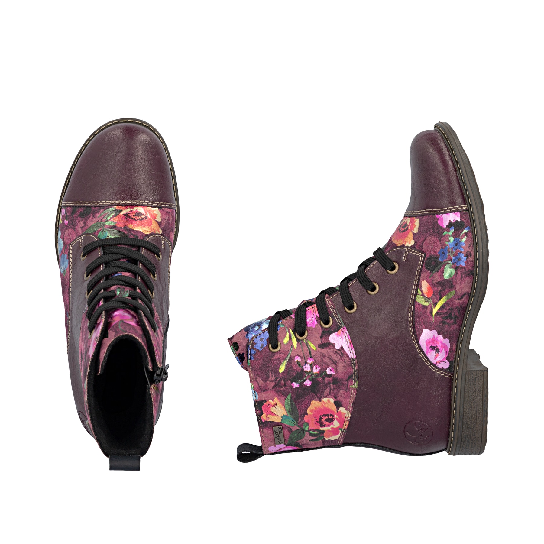 Bottes à lacets Rieker rouges femmes 74800-30 avec membrane RiekerTEX. Chaussure vue de dessus, couchée.