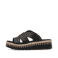 Schwarze Rieker Damen Pantoletten V7989-00 mit einem Gummizug. Schuh Außenseite.