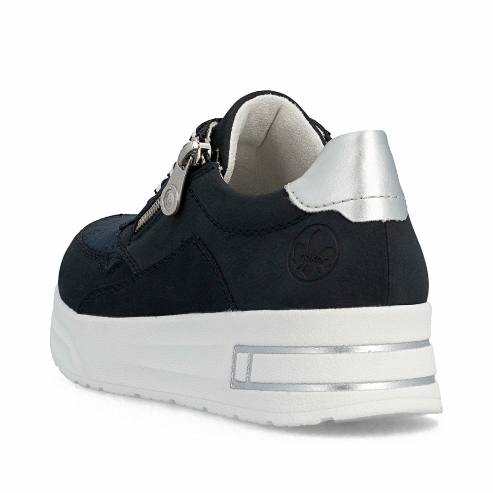 Rieker Sneaker Donna N8306-14 - Basse In Pelle Blu Con Zeppa E Cerniera Laterale
