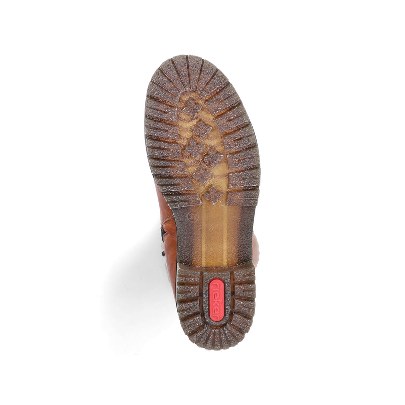 Braune Rieker Damen Kurzstiefel 79580-25 mit Kunstfell-Kragen. Schuh Laufsohle.