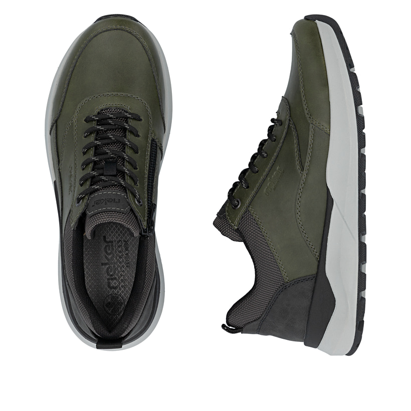 Grüne Rieker Herren Sneaker Low 06000-54 mit Reißverschluss sowie Extraweite H. Schuh von oben, liegend.