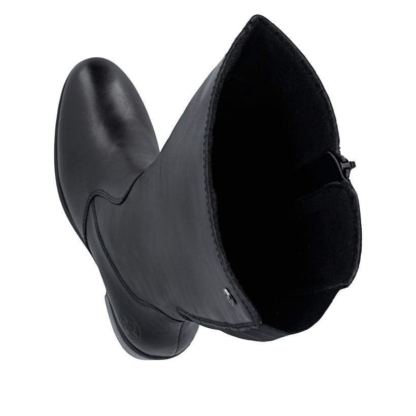Schwarze Rieker Damen Hochschaftstiefel 73955-00 aus Glattleder. Schuh von oben, liegend.