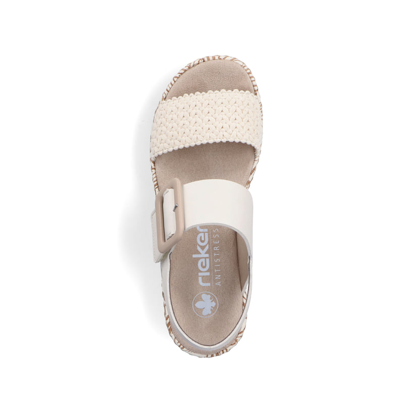 Beige vegane Rieker Keilsandaletten V3950-61 mit trendigen Schnalle. Schuh von oben.