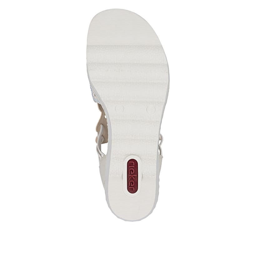Beige Rieker Keilsandaletten 67465-62 mit Strasssteinen sowie einem Gummizug. Schuh Laufsohle.