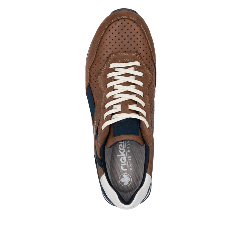 Braune Rieker Herren Sneaker Low U0302-24 mit Schnürung sowie Komfortweite G 1/2. Schuh von oben.