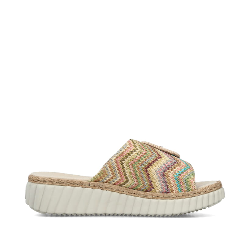 Mehrfarbige Rieker Damen Pantoletten 69253-91 mit trendigen Schnalle. Schuh Innenseite.