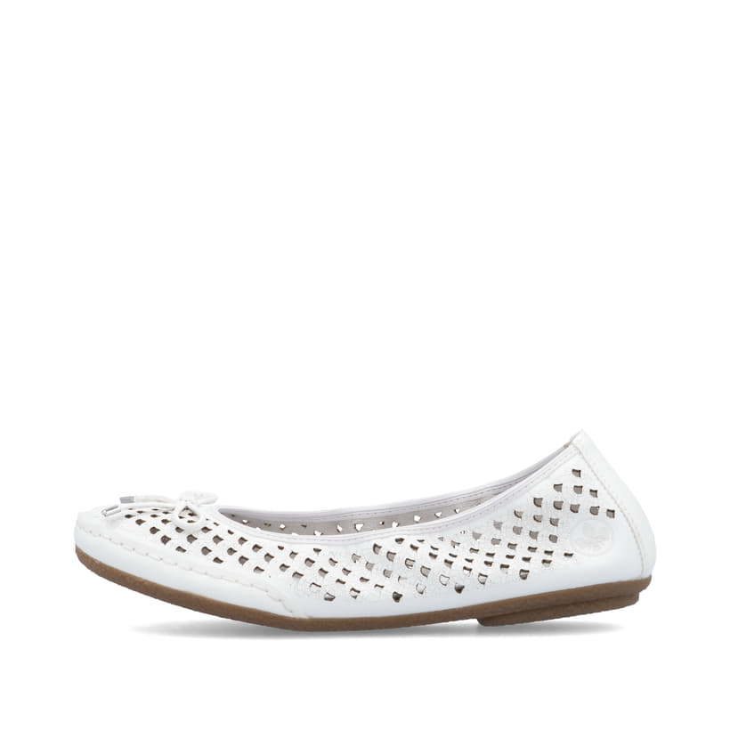 Weiße Rieker Ballerinas 41489-80 mit dekorativer Schleife sowie einem Gummizug. Schuh Außenseite.