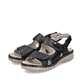 Schwarze Rieker Damen Riemchensandalen 60462-00 mit einem Klettverschluss. Schuhpaar seitlich schräg.
