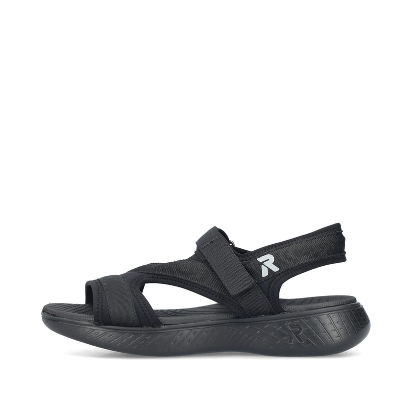 Schwarze Rieker Damen Trekkingsandalen V2166-00 mit einem Klettverschluss. Schuh Außenseite.