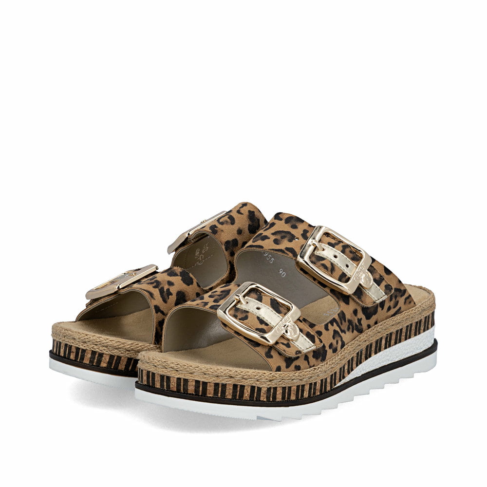 Mehrfarbige Rieker Damen Pantoletten V7955-90 aus Rauleder. Schuhpaar seitlich schräg.