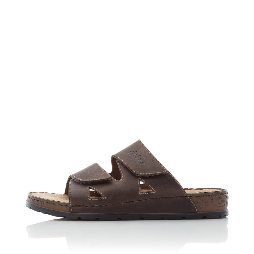 Braune Rieker Herren Pantoletten 25691-25 aus Rauleder mit einem Klettverschluss. Schuh Außenseite.