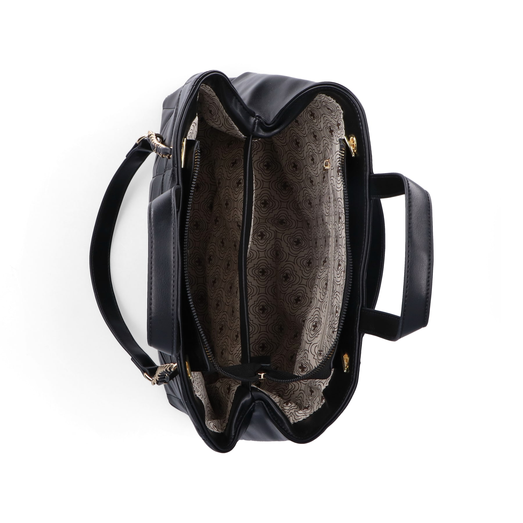 Rieker Shopper H1610-00 in Schwarz mit goldener verflochtener Kette, Reißverschluss und Innenfach. Geöffnet.