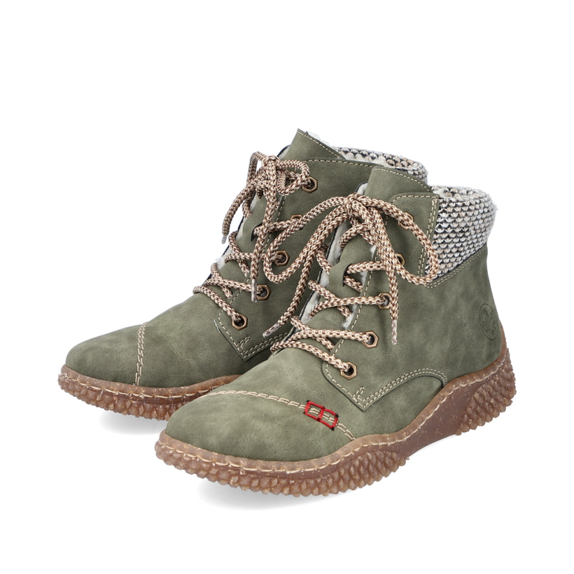 Laubgrüne Rieker Damen Schnürstiefel Y8441-54 mit Schnürung und Reißverschluss. Schuhpaar schräg.