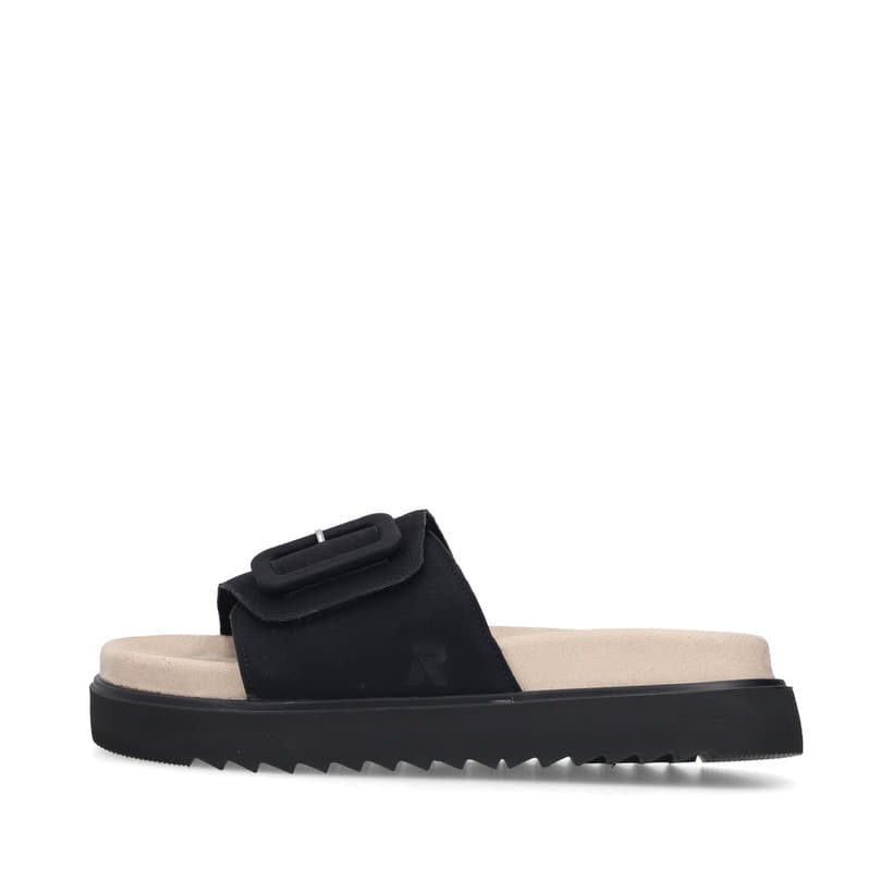 Mules Rieker noires pour femme V5650-00 avec boucle tendance. Côté extérieur de la chaussure.