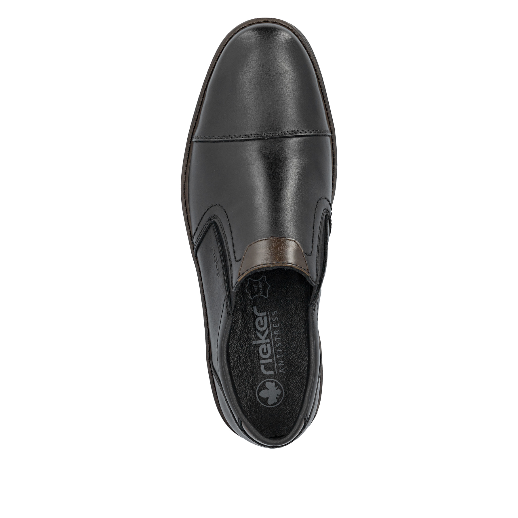 Mocassins Rieker noirs hommes 13950-00 en cuir lisse avec bande élastique. Chaussure vue de dessus.