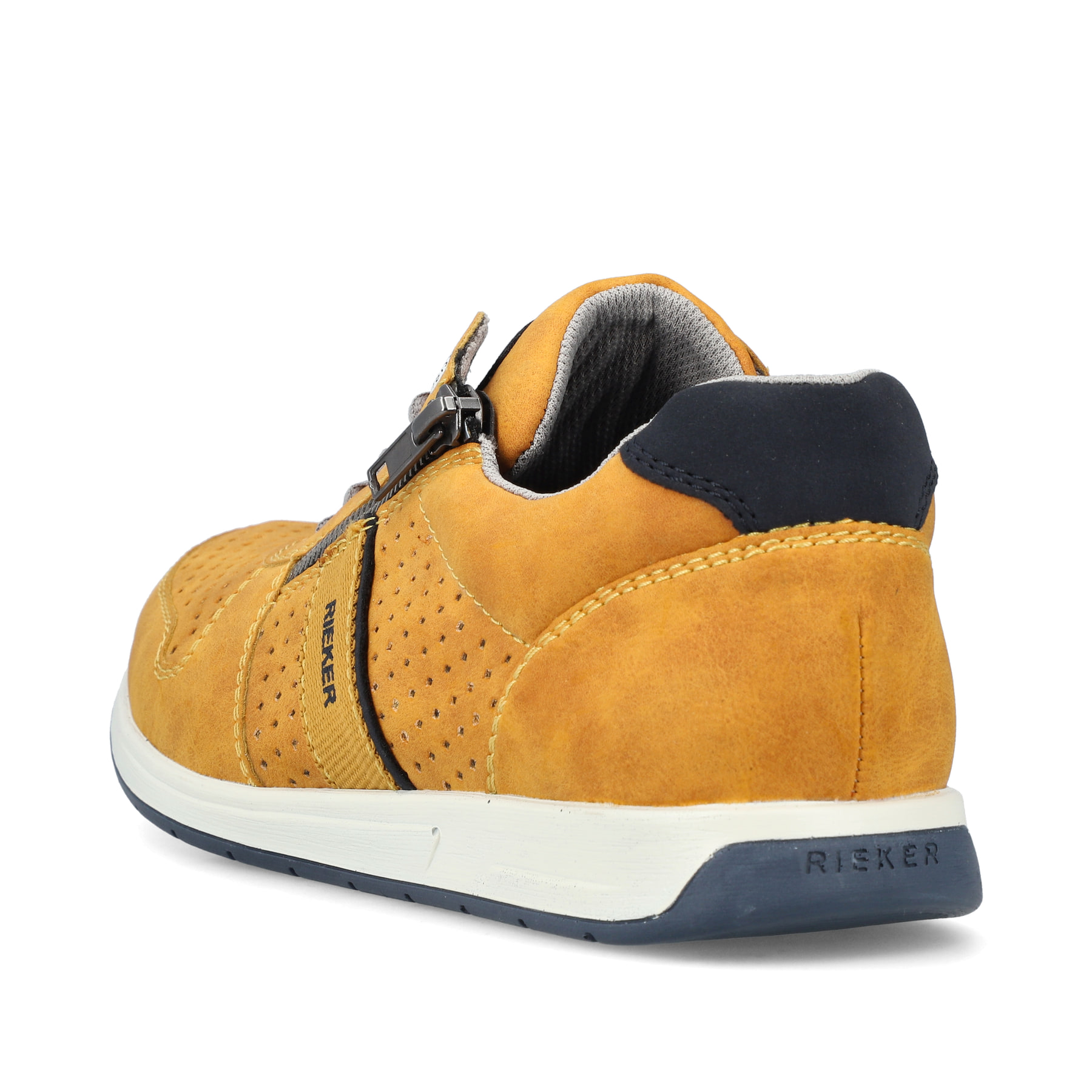 Gelbe Rieker Herren Schnürschuhe 11926-68 mit Reißverschluss sowie Löcheroptik. Schuh von hinten.